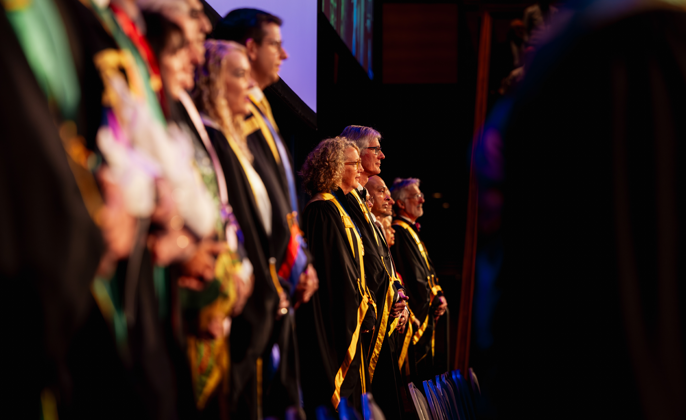 ANZCA and FPM fellows in their gowns on stage