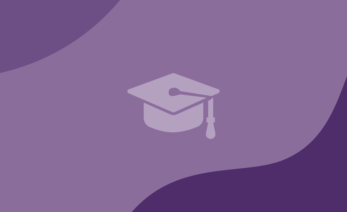 purple patterned graphic with a graduation cap symbol in the centre