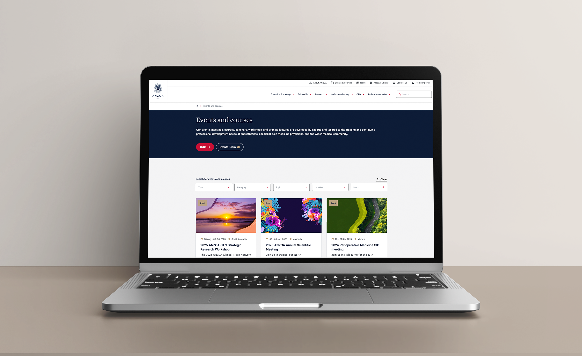 Screen shot of new ANZCA website on a laptop screen 