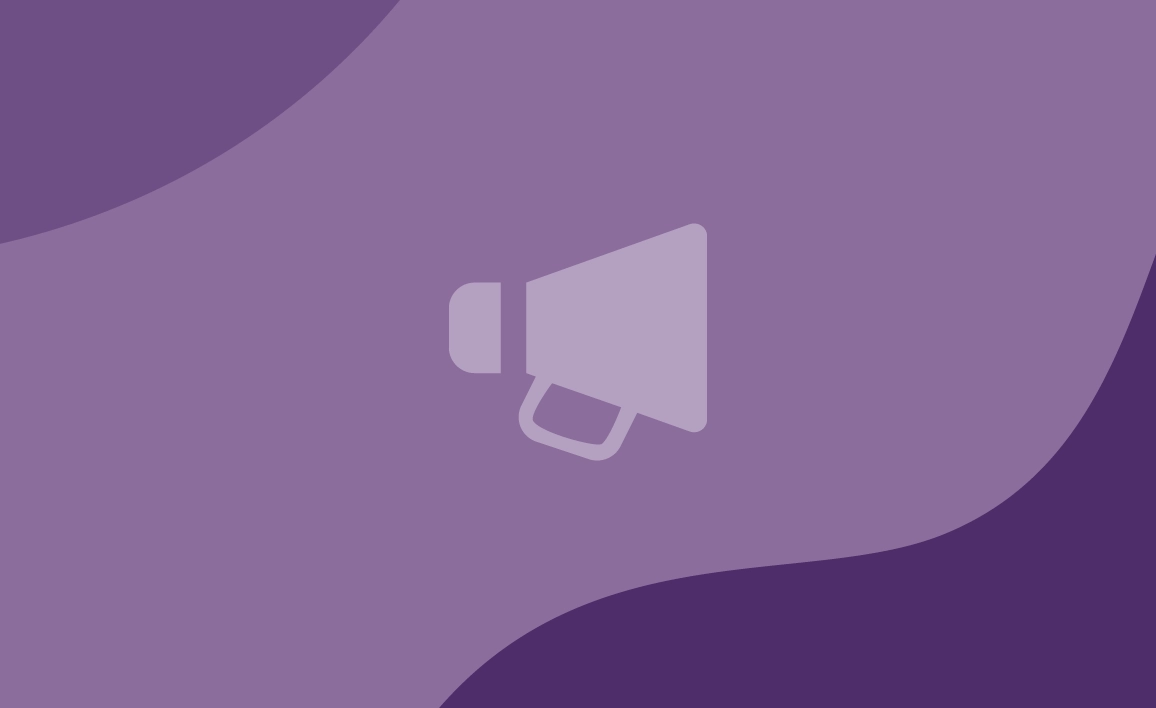 purple patterned graphic with a megaphone symbol in the centre