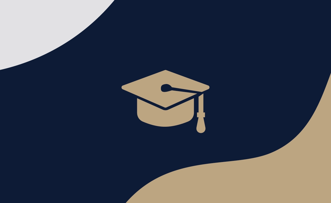 Gold and navy patterned graphic with a graduation cap symbol in the centre