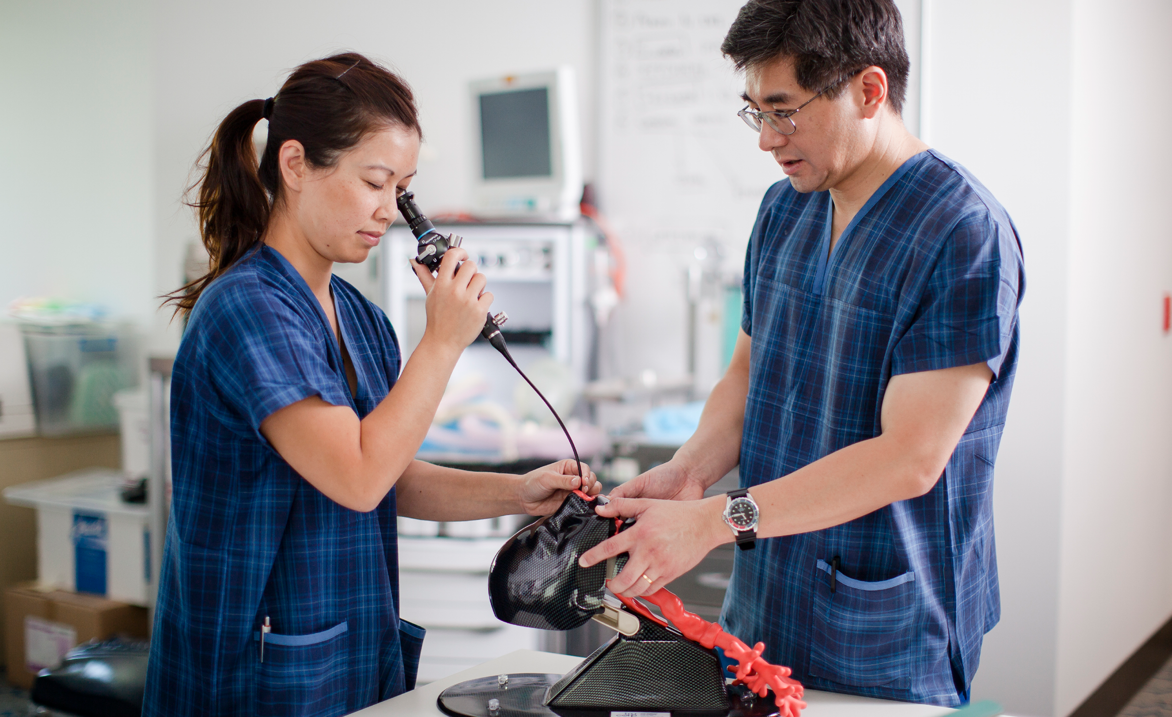 Two doctors working on a simulation patient